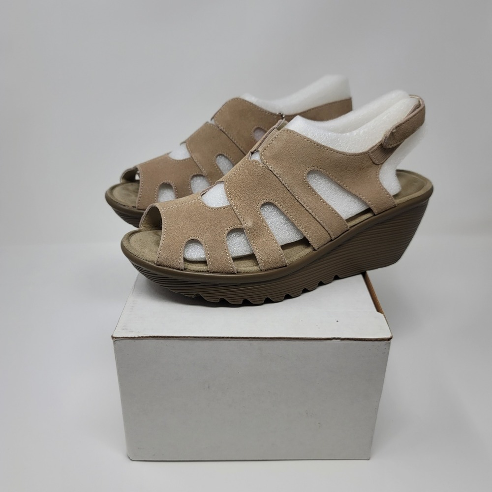 Skechers Suede Peep-toe Slingback Wedge Sandals Stylin' Taupe Tan Size 7.5W